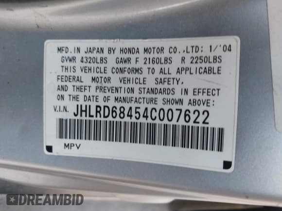 ✅ 2004 Honda CR-V LX • VIN: JHLRD68454C007622 • Lot: 43677412. Wystawiony na IAAI z przebiegiem 201 577 mil. Bezpłatny archiwum sprzedaży aukcyjnych z USA i szczegółowy raport historii pojazdu na DreamBid. Zdjęcie 9.
