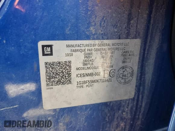 2019 Chevrolet Cruze Premier z VIN 1G1BF5SM0K7116421, wystawiony jako Copart lot #53355425 z przebiegiem 92 073 mil mil oraz Szkoda całkowita • Salvage title. Historia ofert i sprzedaży dostępna na DreamBid. Obrazek 12.