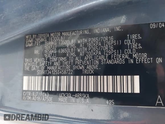 ✅ 2005 Toyota Tundra SR5 • VIN: 5TBRT34125S458722 • Lot: 43760401. Wystawiony na IAAI z przebiegiem 173 337 mil. Bezpłatny archiwum sprzedaży aukcyjnych z USA i szczegółowy raport historii pojazdu na DreamBid. Zdjęcie 9.