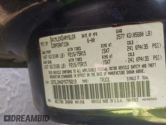✅ 2000 Dodge Dakota Sport • VIN: 1B7GL2AN2YS776819 • Lot: 42066658. Wystawiony na IAAI z przebiegiem 250 880 mil. Bezpłatny archiwum sprzedaży aukcyjnych z USA i szczegółowy raport historii pojazdu na DreamBid. Zdjęcie 9.