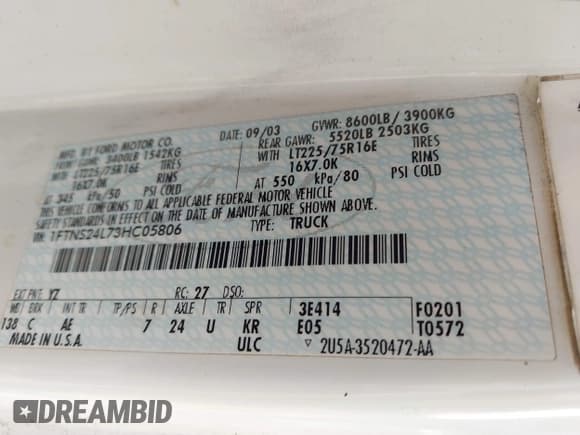 ✅ 2003 Ford Econoline Cargo Super • VIN: 1FTNS24L73HC05806 • Lot: 43307665. Wystawiony na IAAI z przebiegiem 285 594 mil. Bezpłatny archiwum sprzedaży aukcyjnych z USA i szczegółowy raport historii pojazdu na DreamBid. Zdjęcie 9.