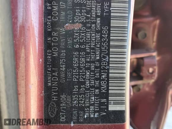 2007 Hyundai Tucson GLS with VIN KM8JM12BX7U563486, listed as a Copart auction lot 79578654 with 150,857 mi miles and Clean title. Bid and sale history available at DreamBid. Image 16.