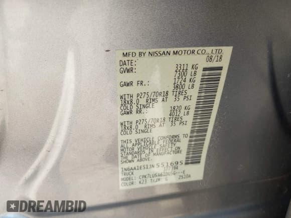 ✅ 2018 Nissan Titan Pro-4X • VIN: 1N6AA1E51JN551695 • Lot: 43365881. Listed on IAAI with 114,790 mi. Free auction sales archive from the USA and detailed vehicle history report at DreamBid. Image 9.