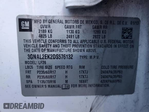 2013 Chevrolet Captiva Sport LS with VIN 3GNAL2EK2DS576132, listed as a Copart auction lot 82001664 with 154,225 mi miles and Salvage title. Bid and sale history available at DreamBid. Image 15.