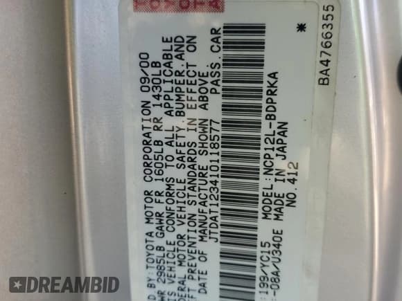 ✅ 2001 Toyota ECHO • VIN: JTDAT123410118577 • Лот: 92596215. Опубликован ранее на Copart с пробегом 134 905 миль. Бесплатный доступ к архиву аукционных продаж из США и подробный отчёт об истории автомобиля на DreamBid. Изображение 12.