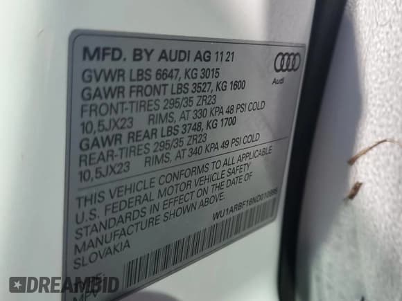 ✅ 2022 Audi RS Q8 • VIN: WU1ARBF16ND010895 • Lot: 75917274. Listed on Copart with Not provided. Free auction sales archive from the USA and detailed vehicle history report at DreamBid. Image 13.