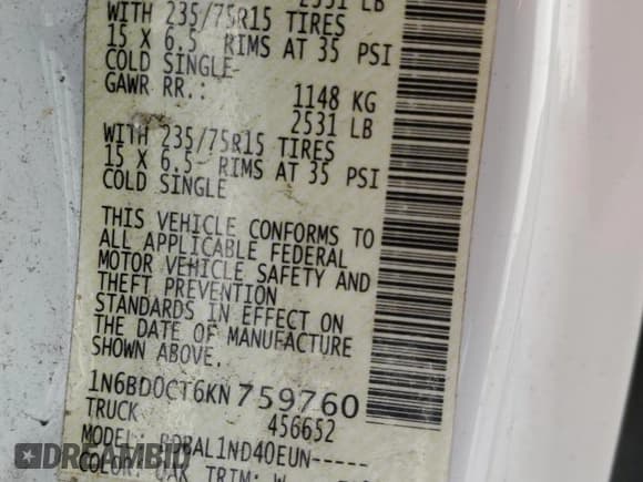 ✅ 2019 Nissan Frontier S • VIN: 1N6BD0CT6KN759760 • Lot: 90848365. Listed on Copart with 75,634 mi. Free auction sales archive from the USA and detailed vehicle history report at DreamBid. Image 12.