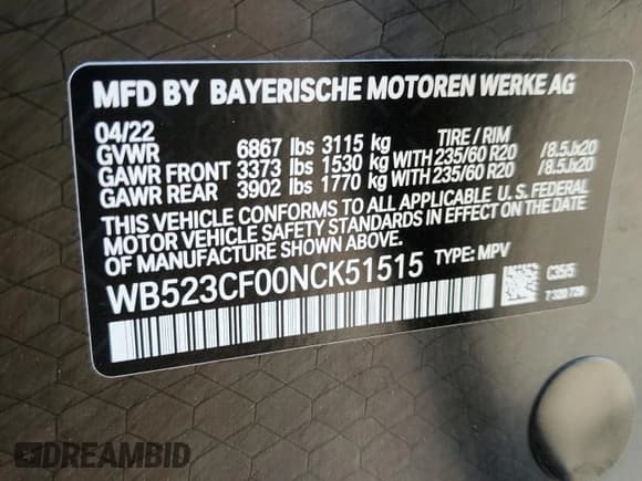 ✅ 2022 BMW iX xDrive50 • VIN: WB523CF00NCK51515 • Lot: 62870593. Wystawiony na Copart z przebiegiem 3 239 mil. Bezpłatny archiwum sprzedaży aukcyjnych z USA i szczegółowy raport historii pojazdu na DreamBid. Zdjęcie 12.