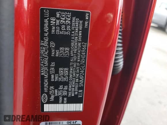 2024 Hyundai Santa Fe SEL с VIN 5NMP24GL7RH049662, выставлен на аукционе Copart как лот 46121775 с пробегом 9 193 миль миль и На запчасти • Non repairable. История ставок и продаж доступна на DreamBid. Изображение 15.