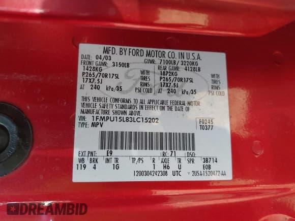 ✅ 2003 Ford Expedition Special Service • VIN: 1FMPU15L83LC15202 • Lot: 43786224. Wystawiony na IAAI z przebiegiem 195 417 mil. Bezpłatny archiwum sprzedaży aukcyjnych z USA i szczegółowy raport historii pojazdu na DreamBid. Zdjęcie 9.