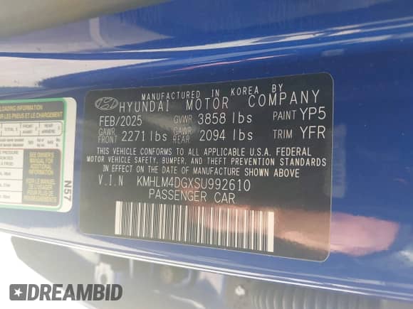 2025 Hyundai Elantra SEL Sport with VIN KMHLM4DGXSU992610, listed as a IAAI auction lot 43319490 with 1,894 mi miles and . Bid and sale history available at DreamBid. Image 9.