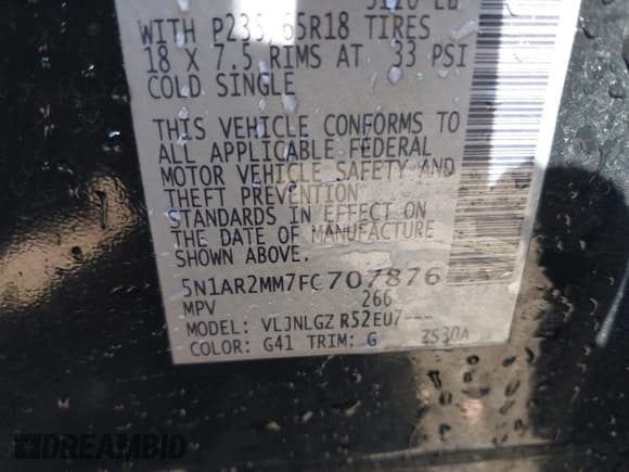 ✅ 2015 Nissan Pathfinder Platinum • VIN: 5N1AR2MM7FC707876 • Lot: 42255193. Listed on IAAI with 144,051 mi. Free auction sales archive from the USA and detailed vehicle history report at DreamBid. Image 9.