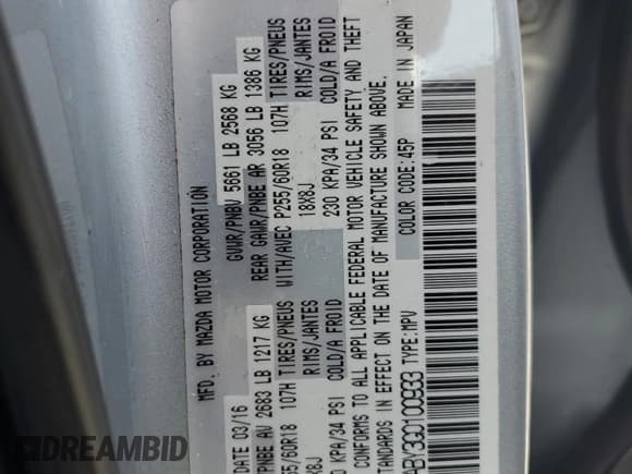 ✅ 2016 Mazda CX-9 Sport • VIN: JM3TCABY3G0100933 • Lot: 50616655. Listed on Copart with 158,749 mi. Free auction sales archive from the USA and detailed vehicle history report at DreamBid. Image 13.