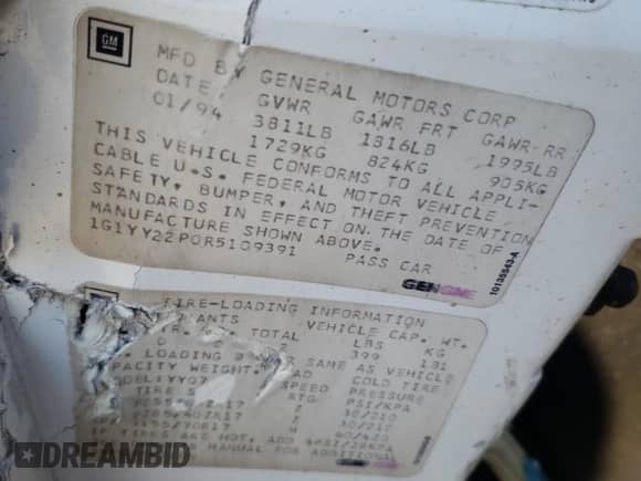 1994 Chevrolet Corvette with VIN 1G1YY22P0R5109391, listed as a Copart auction lot 82912864 with Not provided miles and Salvage title. Bid and sale history available at DreamBid. Image 13.