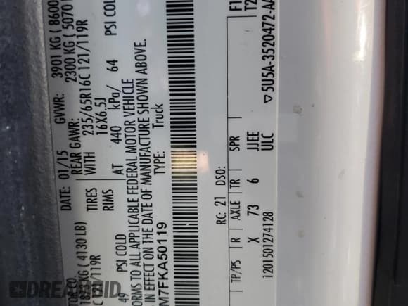 ✅ 2015 Ford Transit Cargo • VIN: 1FTNE1YM7FKA50119 • Лот: 57963515. Опубликован ранее на Copart с пробегом Не указан. Бесплатный доступ к архиву аукционных продаж из США и подробный отчёт об истории автомобиля на DreamBid. Изображение 12.