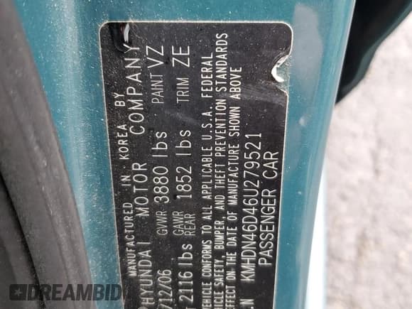 ✅ 2006 Hyundai Elantra GLS • VIN: KMHDN46D46U279521 • Lot: 47983225. Wystawiony na Copart z przebiegiem 93 854 mil. Bezpłatny archiwum sprzedaży aukcyjnych z USA i szczegółowy raport historii pojazdu na DreamBid. Zdjęcie 12.