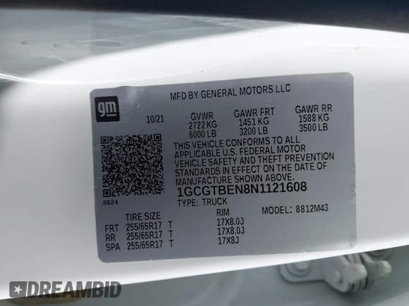 ✅ 2022 Chevrolet Colorado 4WD Work Truck • VIN: 1GCGTBEN8N1121608 • Lot: 43372593. Listed on IAAI with 110,604 mi. Free auction sales archive from the USA and detailed vehicle history report at DreamBid. Image 9.