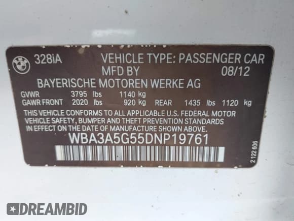 ✅ 2013 BMW 3 Series 328i • VIN: WBA3A5G55DNP19761 • Lot: 42311901. Listed on IAAI with 205,691 mi. Free auction sales archive from the USA and detailed vehicle history report at DreamBid. Image 9.