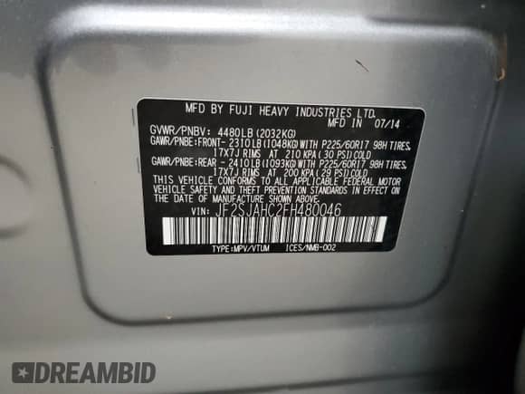 2015 Subaru Forester Limited с VIN JF2SJAHC2FH480046, выставлен на аукционе Copart как лот 65861935 с пробегом 127 778 миль миль и Списание • Salvage title. История ставок и продаж доступна на DreamBid. Изображение 13.