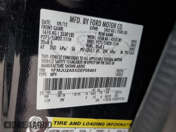 ✅ 2013 Ford Expedition Limited • VIN: 1FMJU2A5XDEF05403 • Lot: 90357115. Listed on Copart with 151,578 mi. Free auction sales archive from the USA and detailed vehicle history report at DreamBid. Image 13.