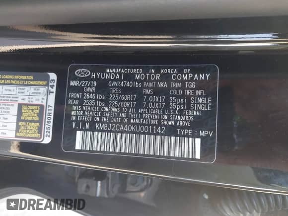 2019 Hyundai Tucson SE with VIN KM8J2CA40KU001142, listed as a IAAI auction lot 43362303 with 70,504 mi miles and . Bid and sale history available at DreamBid. Image 9.