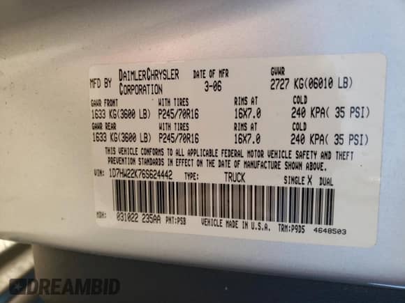 2006 Dodge Dakota ST z VIN 1D7HW22K76S624442, wystawiony jako Copart lot #76355514 z przebiegiem 144 283 mil mil oraz Szkoda całkowita • Salvage title. Historia ofert i sprzedaży dostępna na DreamBid. Obrazek 13.