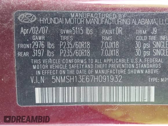 2007 Hyundai Santa Fe SE с VIN 5NMSH13E67H091932, выставлен на аукционе IAAI как лот 43574372 с пробегом 179 710 миль миль и . История ставок и продаж доступна на DreamBid. Изображение 9.