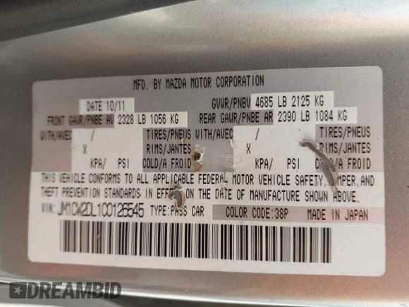 ✅ 2012 Mazda 5 Grand Touring • VIN: JM1CW2DL1C0126545 • Lot: 42301130. Listed on IAAI with 151,212 mi. Free auction sales archive from the USA and detailed vehicle history report at DreamBid. Image 9.