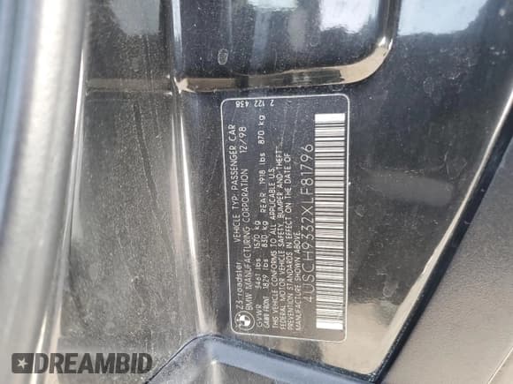 ✅ 1999 BMW Z3 2.5 • VIN: 4USCH9332XLF81796 • Lot: 87218624. Listed on Copart with 78,476 mi. Free auction sales archive from the USA and detailed vehicle history report at DreamBid. Image 13.