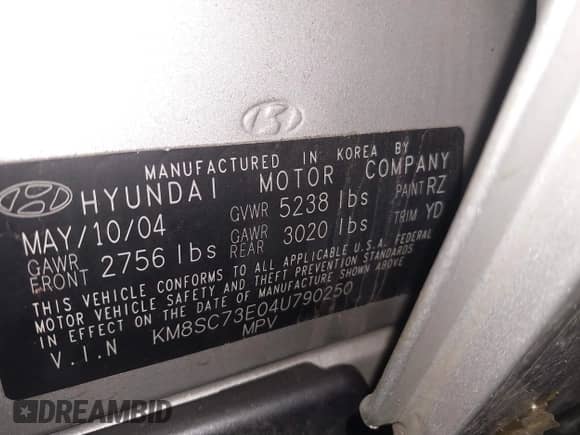 2004 Hyundai Santa Fe GLS with VIN KM8SC73E04U790250, listed as a IAAI auction lot 41301065 with 203,803 mi miles and . Bid and sale history available at DreamBid. Image 9.