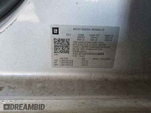 ✅ 2018 Chevrolet Silverado 2500HD Work Truck • VIN: 1GC2CUEG9JZ218898 • Lot: 52638265. Listed on Copart with 129,959 mi. Free auction sales archive from the USA and detailed vehicle history report at DreamBid. Image 10.