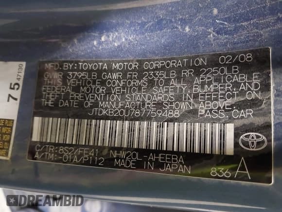 ✅ 2008 Toyota Prius • VIN: JTDKB20U787759488 • Lot: 42083886. Listed on IAAI with Not provided. Free auction sales archive from the USA and detailed vehicle history report at DreamBid. Image 9.