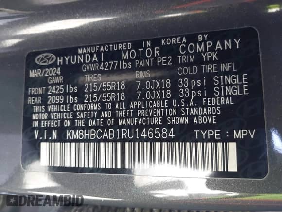 2024 Hyundai Kona SEL with VIN KM8HBCAB1RU146584, listed as a IAAI auction lot 43592240 with 31,855 mi miles and . Bid and sale history available at DreamBid. Image 9.