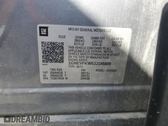 2018 Chevrolet Traverse LS z VIN 1GNEVFKW0JJ196889, wystawiony jako Copart lot #82408665 z przebiegiem 124 944 mil mil oraz Szkoda całkowita • Salvage title. Historia ofert i sprzedaży dostępna na DreamBid. Obrazek 13.