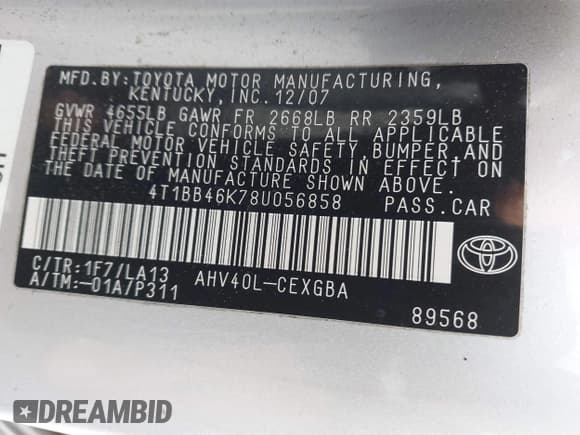 ✅ 2008 Toyota Camry • VIN: 4T1BB46K78U056858 • Lot: 43787895. Wystawiony na IAAI z przebiegiem 242 189 mil. Bezpłatny archiwum sprzedaży aukcyjnych z USA i szczegółowy raport historii pojazdu na DreamBid. Zdjęcie 9.