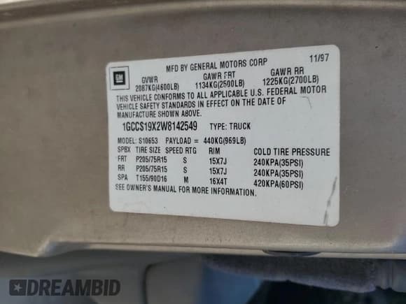 ✅ 1998 Chevrolet S-10 LS • VIN: 1GCCS19X2W8142549 • Лот: 54670265. Опубликован ранее на Copart с пробегом 184 711 миль. Бесплатный доступ к архиву аукционных продаж из США и подробный отчёт об истории автомобиля на DreamBid. Изображение 12.