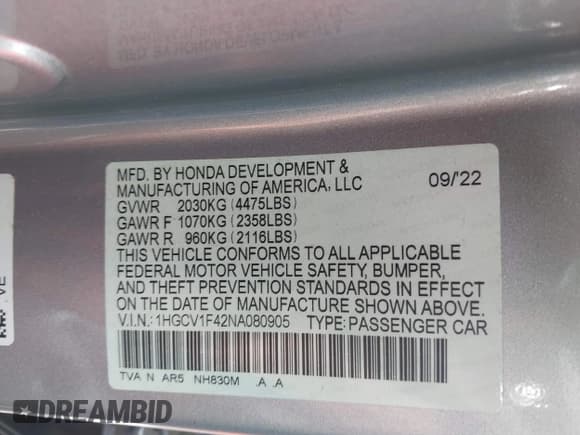 ✅ 2022 Honda Accord Sport SE • VIN: 1HGCV1F42NA080905 • Lot: 42961294. Wystawiony na IAAI z przebiegiem 40 283 mil. Bezpłatny archiwum sprzedaży aukcyjnych z USA i szczegółowy raport historii pojazdu na DreamBid. Zdjęcie 9.