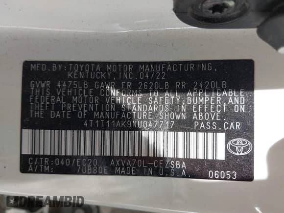 2022 Toyota Camry SE z VIN 4T1T11AK9NU047717, wystawiony jako IAAI lot #42316618 z przebiegiem 86 410 mil mil oraz . Historia ofert i sprzedaży dostępna na DreamBid. Obrazek 9.