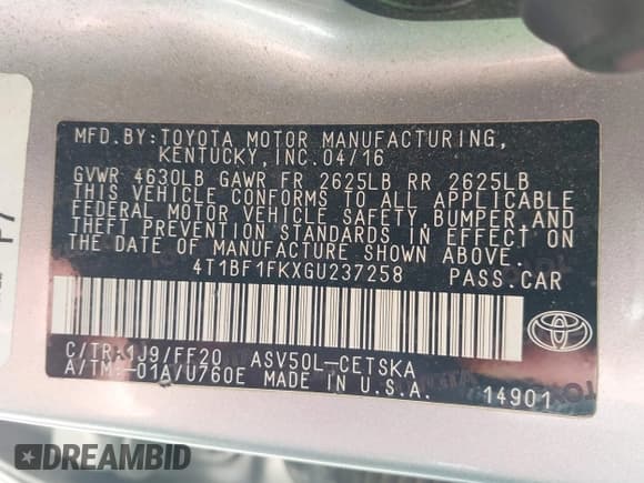 ✅ 2016 Toyota Camry SE • VIN: 4T1BF1FKXGU237258 • Lot: 43462020. Wystawiony na IAAI z przebiegiem 167 631 mil. Bezpłatny archiwum sprzedaży aukcyjnych z USA i szczegółowy raport historii pojazdu na DreamBid. Zdjęcie 9.