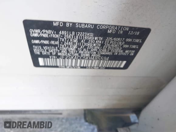 ✅ 2019 Subaru Forester • VIN: JF2SKACC5KH485594 • Lot: 43507826. Wystawiony na IAAI z przebiegiem 165 060 mil. Bezpłatny archiwum sprzedaży aukcyjnych z USA i szczegółowy raport historii pojazdu na DreamBid. Zdjęcie 9.