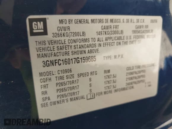 ✅ 2007 Chevrolet Suburban LT • VIN: 3GNFC16017G159685 • Lot: 42644847. Wystawiony na IAAI z przebiegiem 206 419 mil. Bezpłatny archiwum sprzedaży aukcyjnych z USA i szczegółowy raport historii pojazdu na DreamBid. Zdjęcie 9.