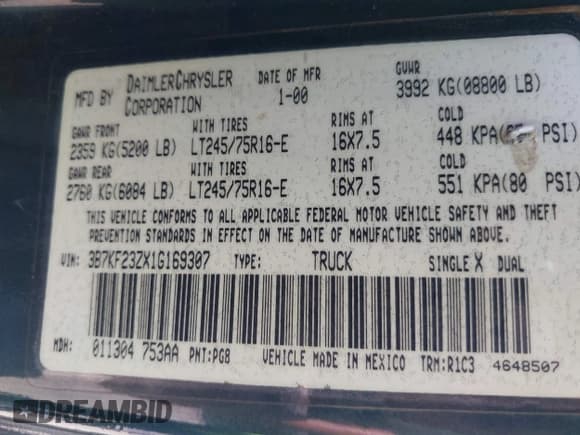 ✅ 2001 Dodge 2500 • VIN: 3B7KF23ZX1G169307 • Lot: 42507866. Listed on IAAI with 156,000 mi. Free auction sales archive from the USA and detailed vehicle history report at DreamBid. Image 9.