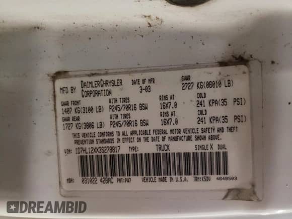 2003 Dodge Dakota with VIN 1D7HL12XX3S278817, listed as a Copart auction lot 71323694 with 147,116 mi miles and Clean title. Bid and sale history available at DreamBid. Image 12.