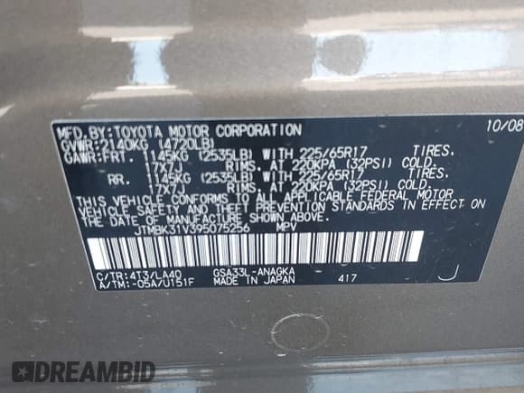 ✅ 2009 Toyota RAV4 Limited • VIN: JTMBK31V395075256 • Лот: 43330260. Опубликован ранее на IAAI с пробегом 160 491 миль. Бесплатный доступ к архиву аукционных продаж из США и подробный отчёт об истории автомобиля на DreamBid. Изображение 9.