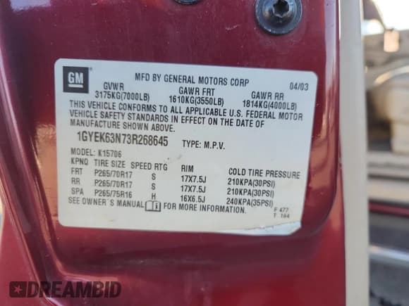 ✅ 2003 Cadillac Escalade • VIN: 1GYEK63N73R268645 • Lot: 81919435. Listed on Copart with 226,963 mi. Free auction sales archive from the USA and detailed vehicle history report at DreamBid. Image 13.