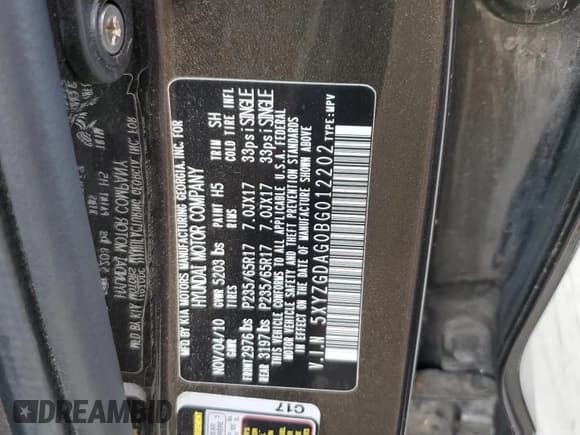 ✅ 2011 Hyundai Santa Fe GLS • VIN: 5XYZGDAG0BG012202 • Lot: 76364974. Listed on Copart with 108,287 mi. Free auction sales archive from the USA and detailed vehicle history report at DreamBid. Image 14.