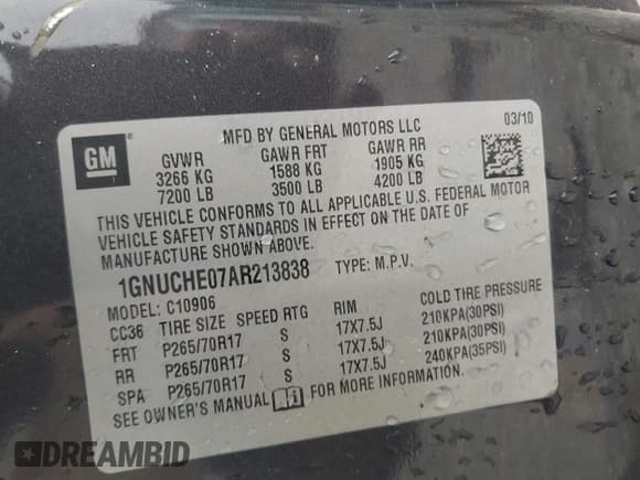 ✅ 2010 Chevrolet Suburban LS • VIN: 1GNUCHE07AR213838 • Lot: 42523274. Listed on IAAI with 251,109 mi. Free auction sales archive from the USA and detailed vehicle history report at DreamBid. Image 9.