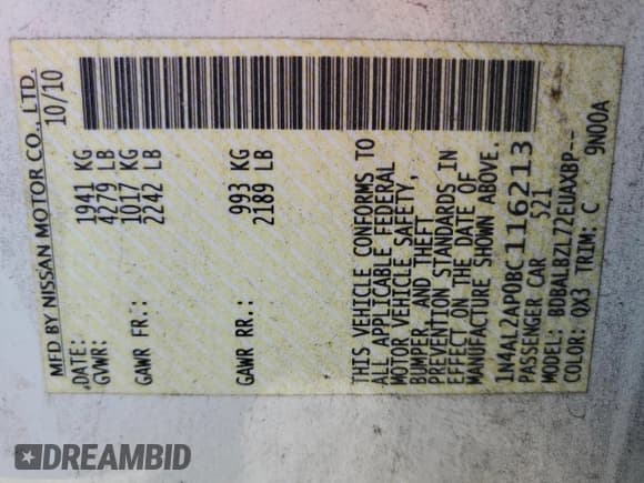 ✅ 2011 Nissan Altima S • VIN: 1N4AL2AP0BC116213 • Lot: 92538115. Wystawiony na Copart z przebiegiem Nie podano. Bezpłatny archiwum sprzedaży aukcyjnych z USA i szczegółowy raport historii pojazdu na DreamBid. Zdjęcie 12.