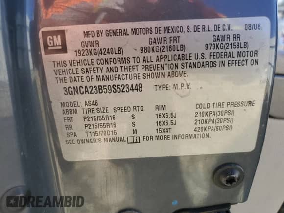 2009 Chevrolet HHR 1LT с VIN 3GNCA23B59S523448, выставлен на аукционе Copart как лот 74826794 с пробегом 198 170 миль миль и Списание • Salvage title. История ставок и продаж доступна на DreamBid. Изображение 14.