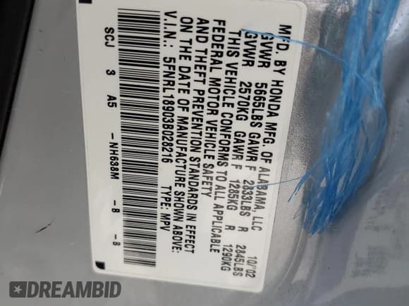 ✅ 2003 Honda Odyssey EX-L • VIN: 5FNRL18903B028216 • Lot: 66751834. Listed on Copart with Not provided. Free auction sales archive from the USA and detailed vehicle history report at DreamBid. Image 15.